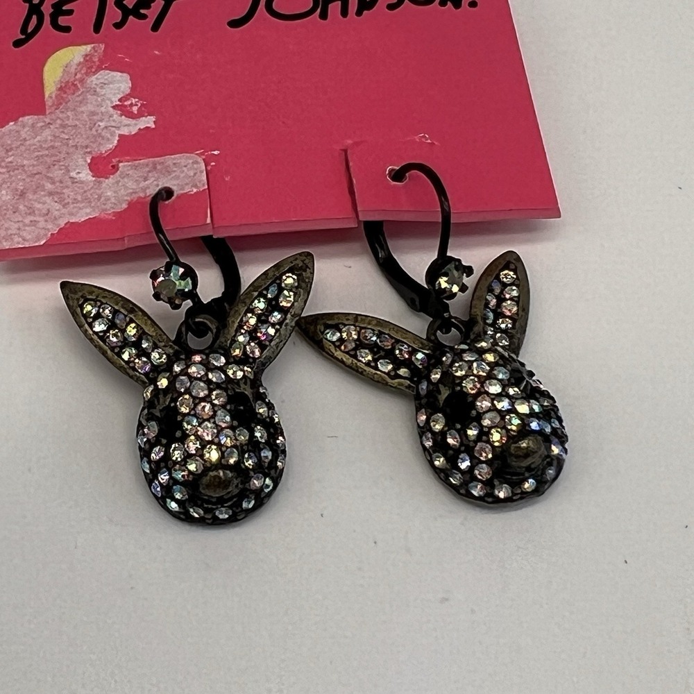 Betsey Johnson Vintage Dark Forest Rabbit Bunny Head Crystal‎ AB Paved Earrings - Picture 2 of 5